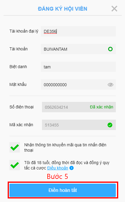 Ấn điền hoàn tất sau khi xác minh số điện thoại