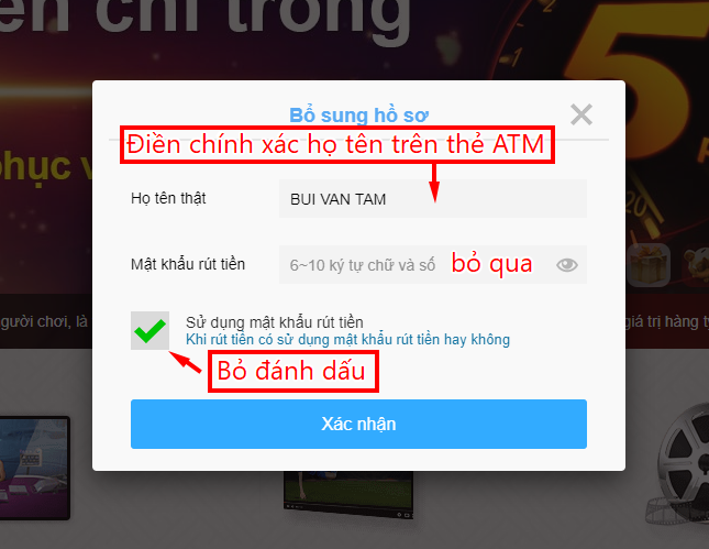 Điền thông tin rút, nạp tiền