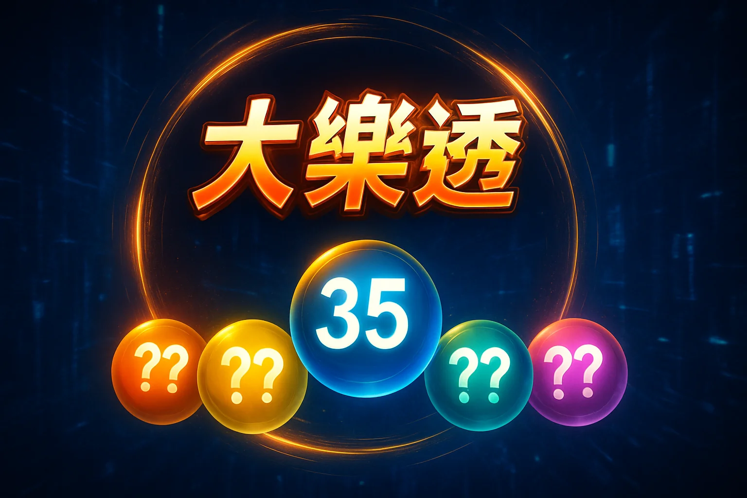 大樂透開獎畫面視覺圖，藍色彩球顯示中獎號碼35，搭配五顆彩球排列，呈現台灣熱門彩券大樂透的開獎效果</p>
<p>