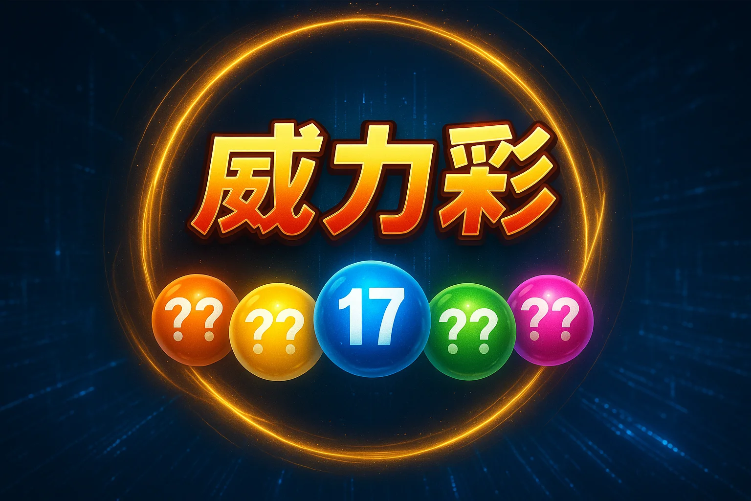 威力彩開獎畫面設計，藍色彩球顯示中獎號碼17，搭配五顆繽紛彩球，呈現台灣熱門樂透遊戲的中獎視覺效果</p>
<p>