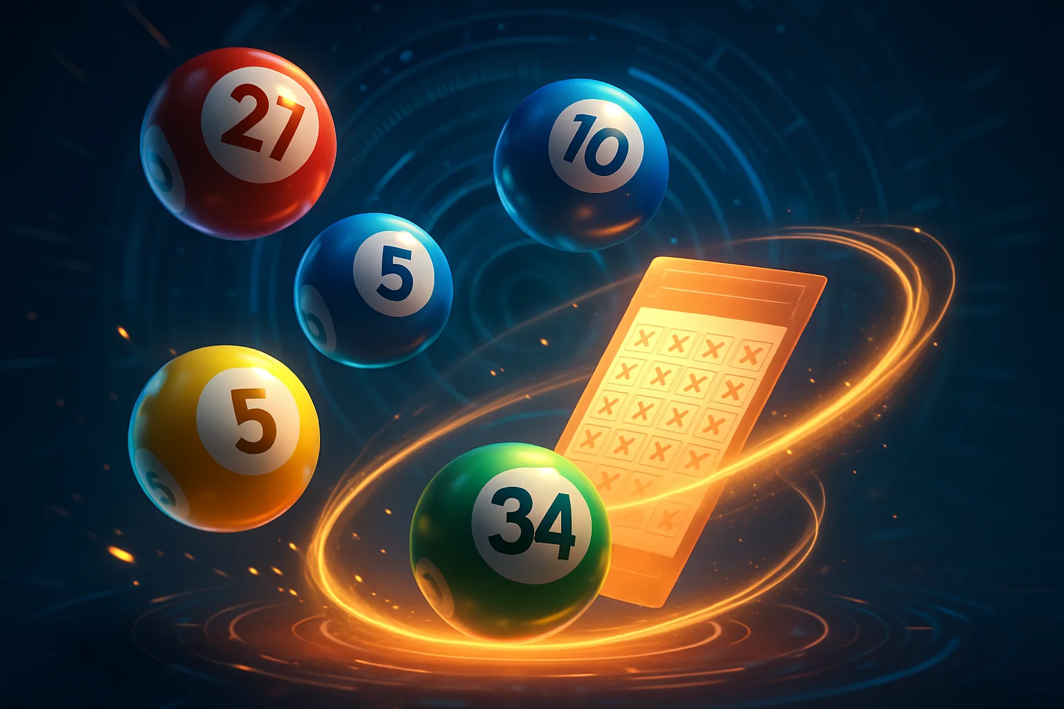 多顆彩球與樂透投注單旋轉特效圖，包含中獎號碼34、27、10、5，呈現彩券投注與中獎結果的視覺示意</p>
<p>